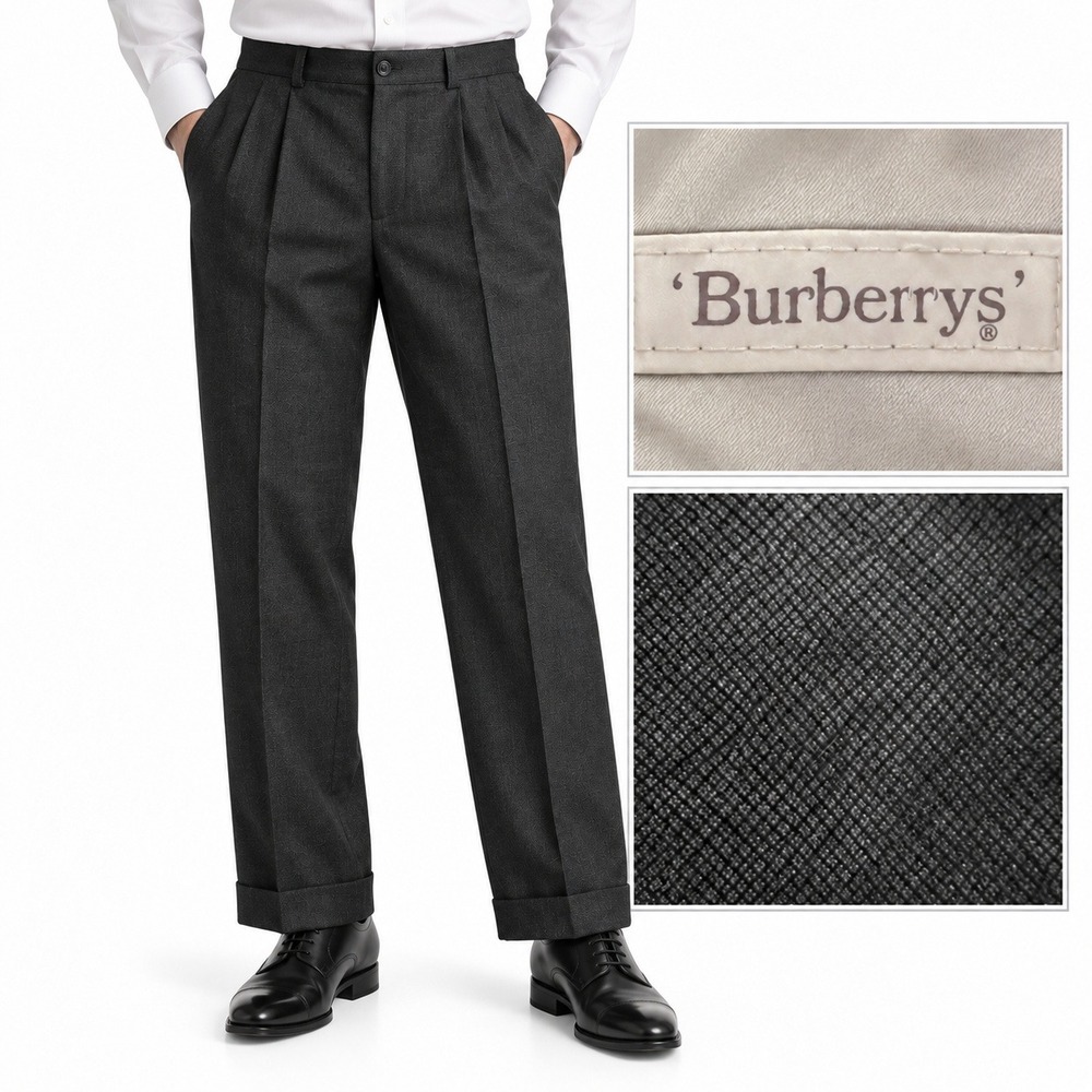 Burberrys Trousers Mens 36x29 Charcoal Grey Pleated Cuffed Vintage Dress Pants